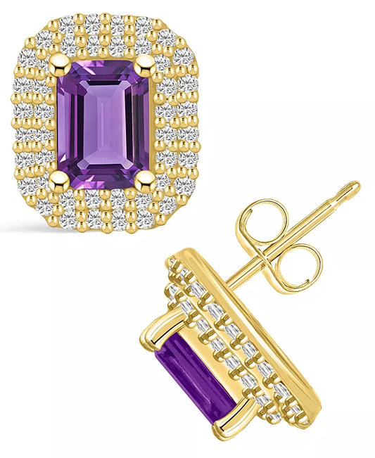 Amethyst (2 Ct. T.W.) and Diamond (3/4 Ct. T.W.) Halo Stud Earrings in 14K Yellow Gold