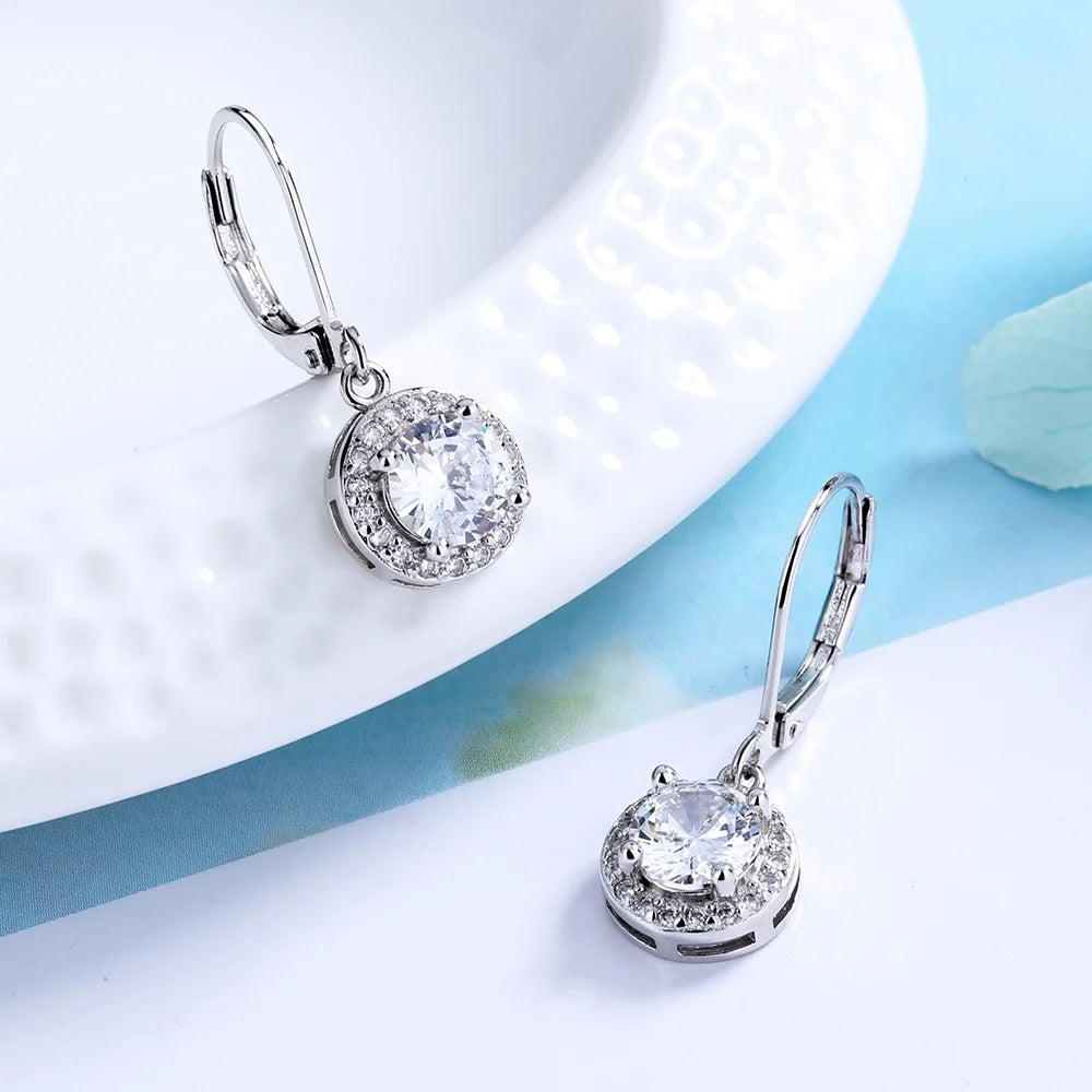 Halo Crystal Leverback Drop and Dangle Earrings in 18K White Gold Plated