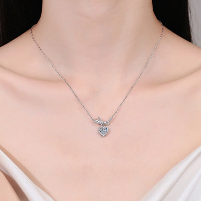 Bow Moissanite Pendant Necklace for Women 1Ct Heart Cut D Color VVS1 Sterling Silver Diamond Necklace Moissanite Necklace with Certificate
