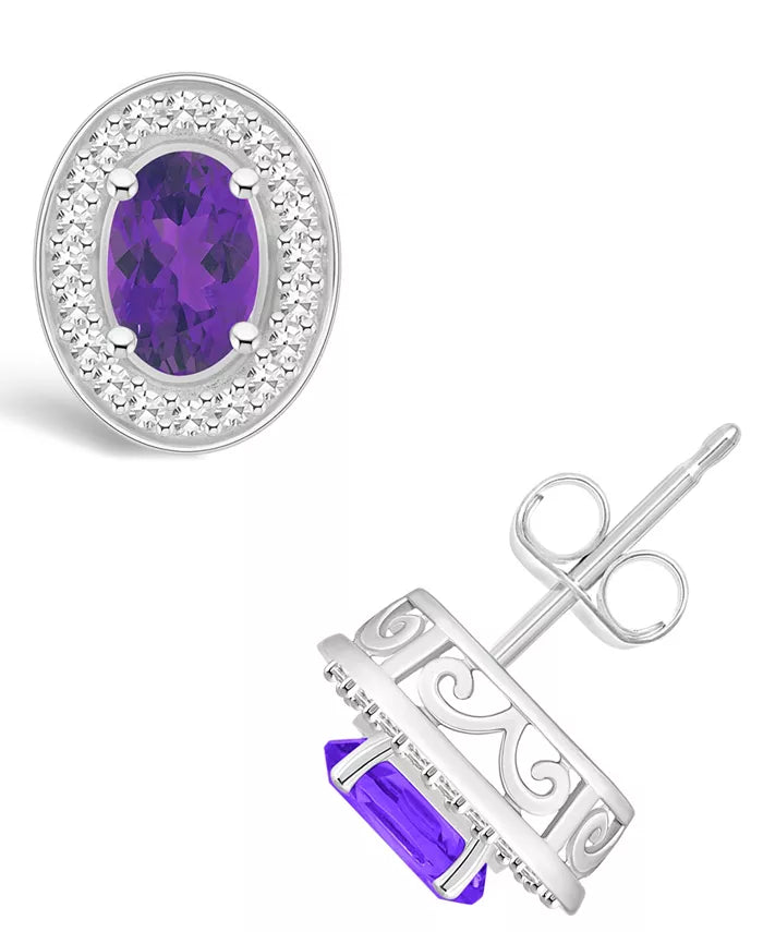 Amethyst (9/10 Ct. T.W.) and Diamond (1/5 Ct. T.W.) Halo Studs in Sterling Silver