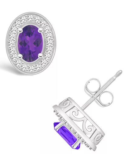 Amethyst (9/10 Ct. T.W.) and Diamond (1/5 Ct. T.W.) Halo Studs in Sterling Silver
