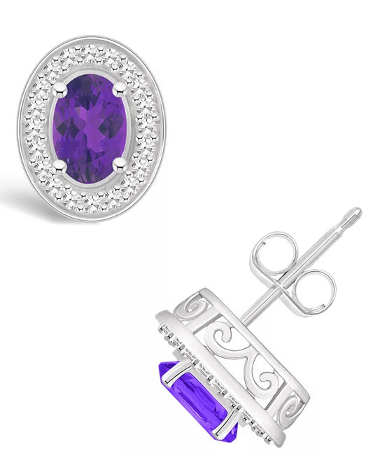 Amethyst (9/10 Ct. T.W.) and Diamond (1/5 Ct. T.W.) Halo Studs in Sterling Silver