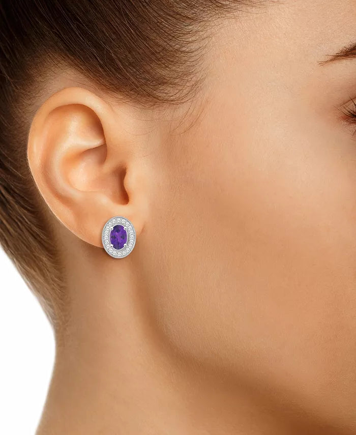 Amethyst (9/10 Ct. T.W.) and Diamond (1/5 Ct. T.W.) Halo Studs in Sterling Silver