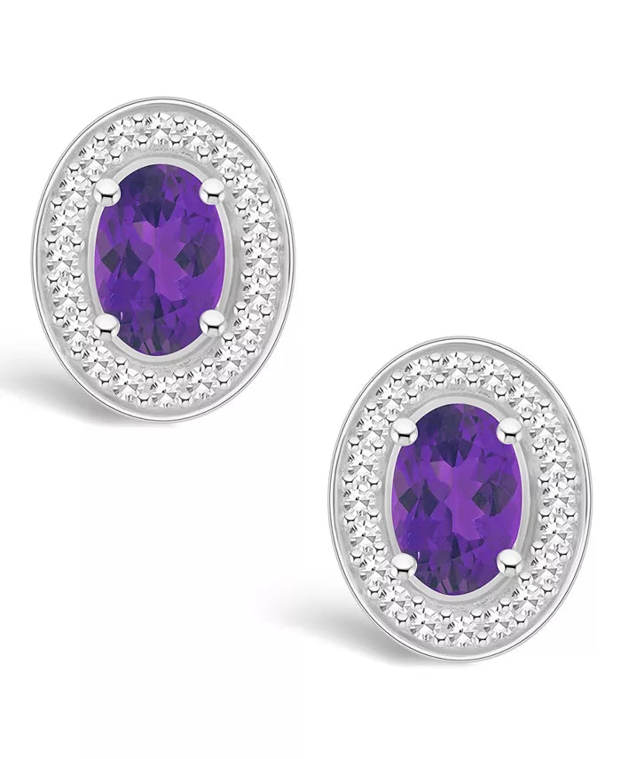 Amethyst (9/10 Ct. T.W.) and Diamond (1/5 Ct. T.W.) Halo Studs in Sterling Silver