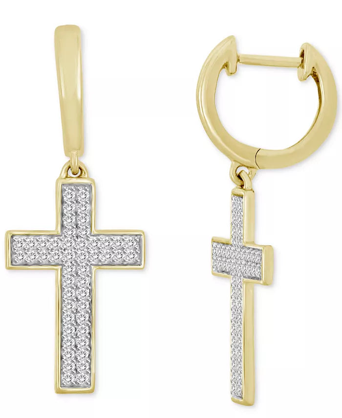 Men'S Diamond Cross Dangle Huggie Hoop Earrings (1/4 Ct. T.W.) in 10K Gold