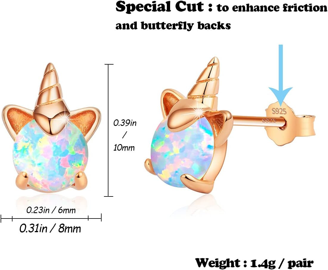 Unicorn Earrings for Girls, Hypoallergenic Fire Opal Stud Earrings  S925 Sterling Silver with Gold Mini Tiny Cute Earring Jewelry Gifts for Kids Women