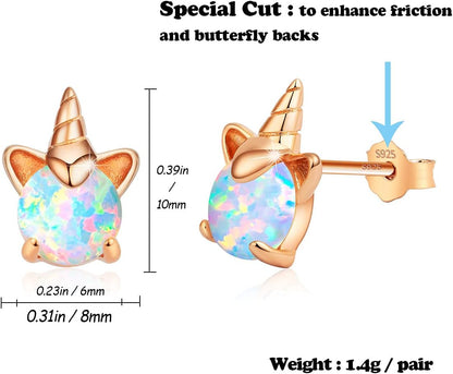 Unicorn Earrings for Girls, Hypoallergenic Fire Opal Stud Earrings  S925 Sterling Silver with Gold Mini Tiny Cute Earring Jewelry Gifts for Kids Women