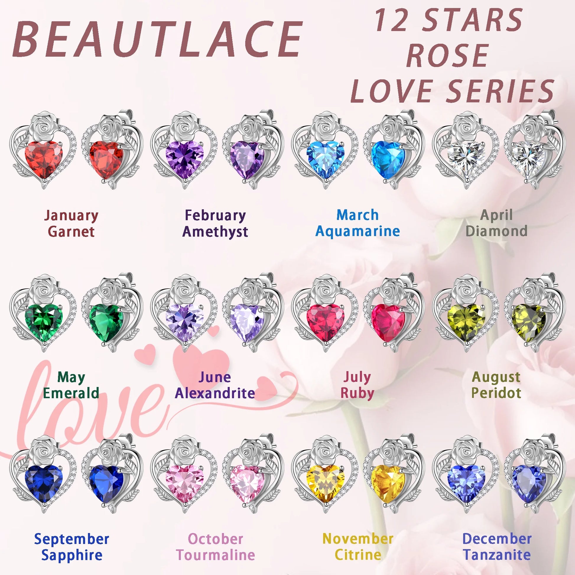 Rose Heart Birthstone Earrings,July Birthstone Rose Flower Heart Earrings Studs 925 Sterling Silver Jewelry Gifts for Women