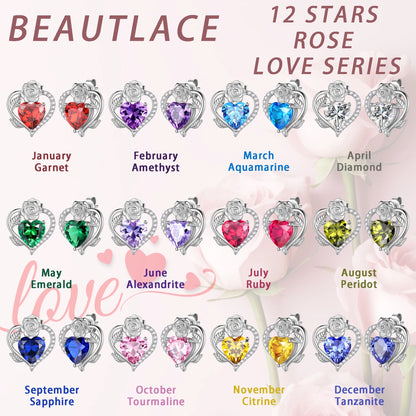 Rose Heart Birthstone Earrings,July Birthstone Rose Flower Heart Earrings Studs 925 Sterling Silver Jewelry Gifts for Women