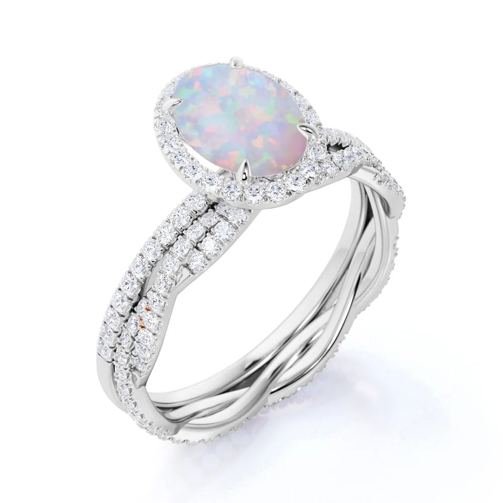 1.75 Ct Antique Oval Cut Opal and Moissanite Wedding Ring Set in 18K White Gold over Silver