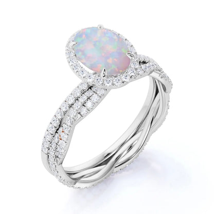 1.75 Ct Antique Oval Cut Opal and Moissanite Wedding Ring Set in 18K White Gold over Silver