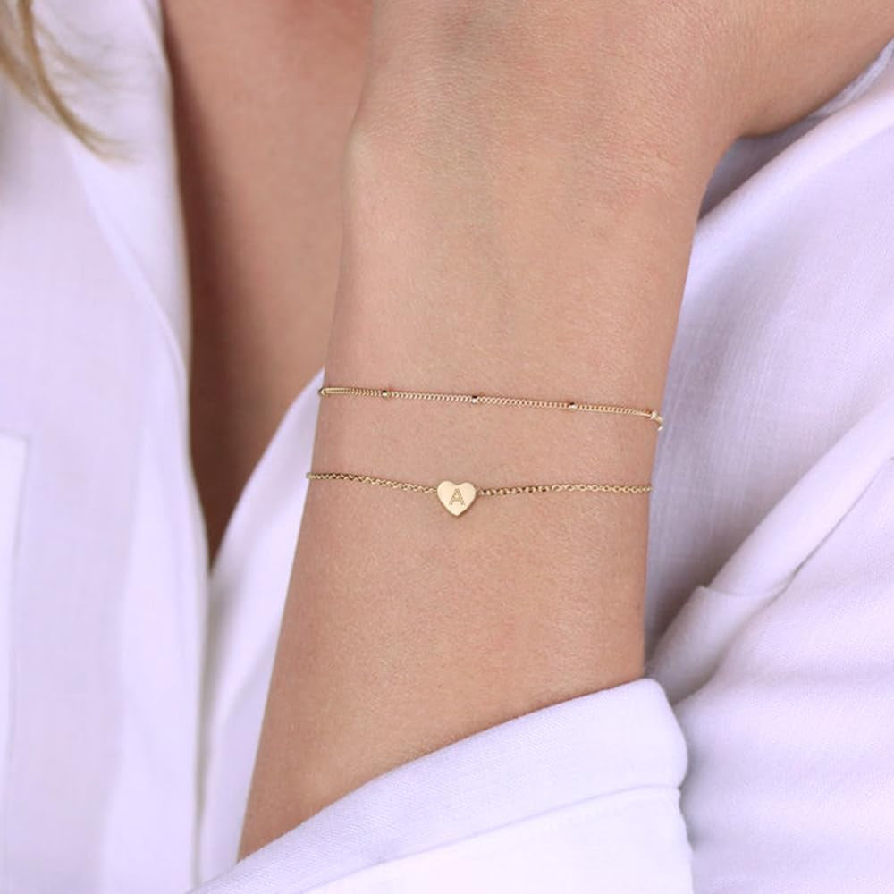 Dainty Heart Initial Bracelets for Women Girls, 14K Gold Filled Handmade Personalized Letter Layered Heart Initial Bracelets for Women Teen Girls Jewelry Gifts