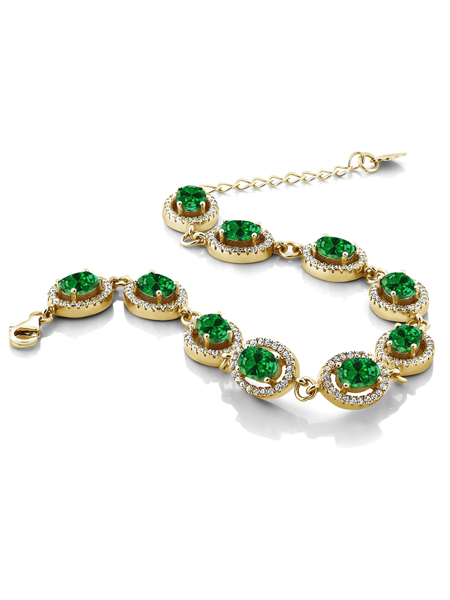 18K Yellow Gold Plated Silver Green Simulated Emerald Tennis Bracelet for Women (15.28 Cttw, Gemstone Birthstone, Oval 7X5MM, 7.5 Inch)