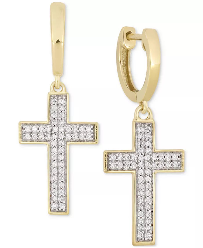 Men'S Diamond Cross Dangle Huggie Hoop Earrings (1/4 Ct. T.W.) in 10K Gold