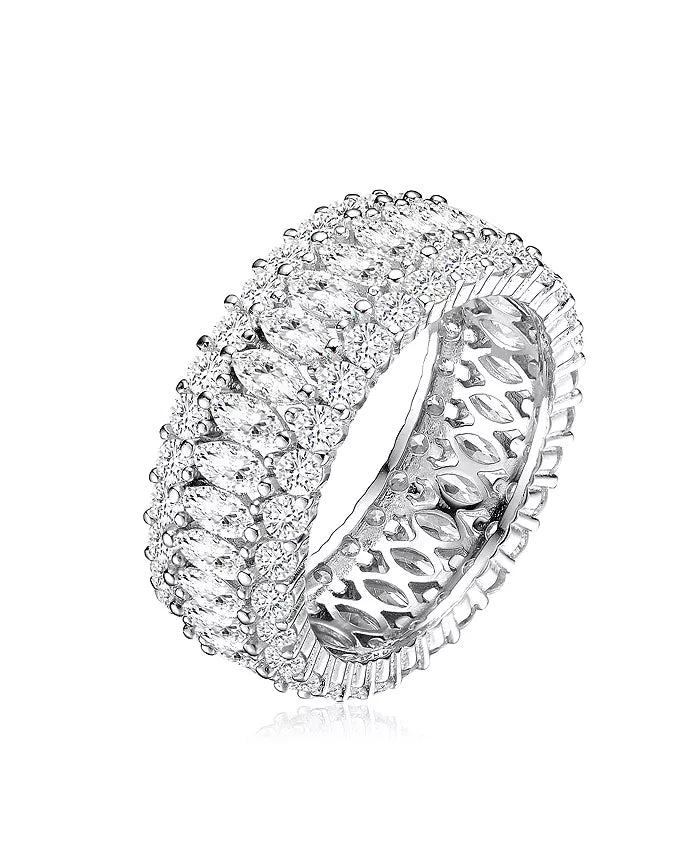 Sterling Silver White Gold Plated Clear round and Marquise Cubic Zirconia Eternity Ring