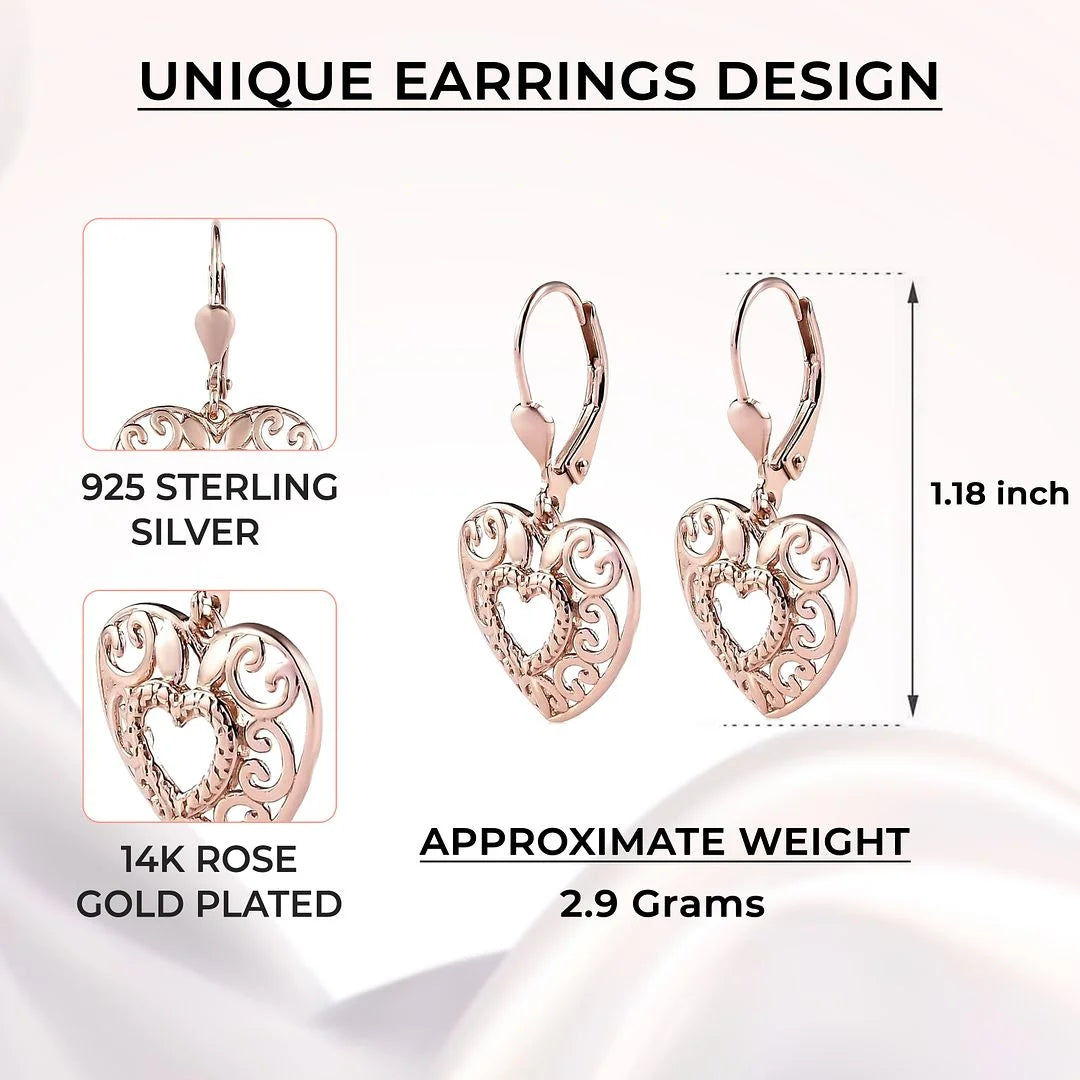 14K Rose Gold Plated Heart Drop Earrings for Women 925 Sterling Silver Lever Back Filigree Jewelry Birthday Gifts for Women