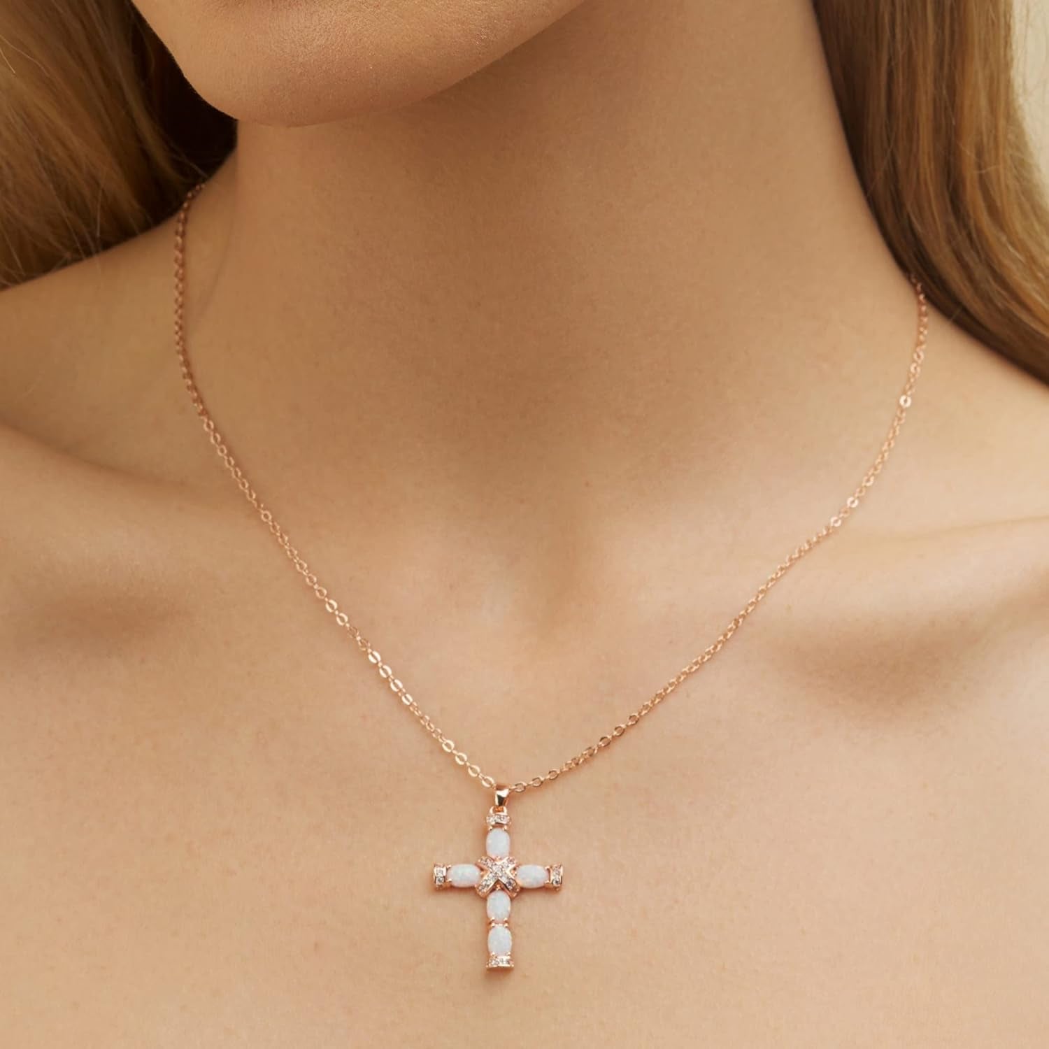 18K Gold Plated Created Opal Cross with Chain, 18 Inches with 2 Inches Extension