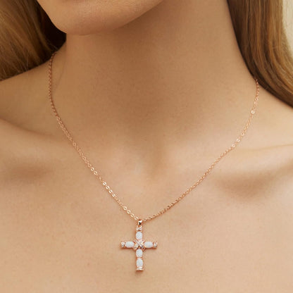 18K Gold Plated Created Opal Cross with Chain, 18 Inches with 2 Inches Extension