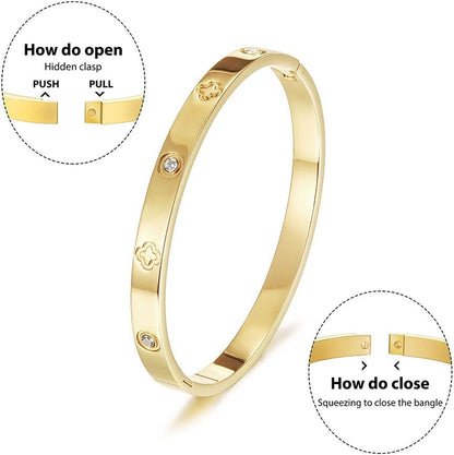Simple Love Knot Bangle Polished Chunky Bracelet Stainless Steel Gold Gold Silver Plated Adjustable Open Cuff Bracelets for Women Adult Jewelry (Clover)