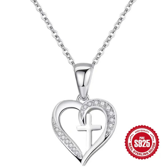S925 Sterling Silver Cross Necklace Heart Necklaces for Women Cross Chain Jewelry Gifts （With Gift Box)