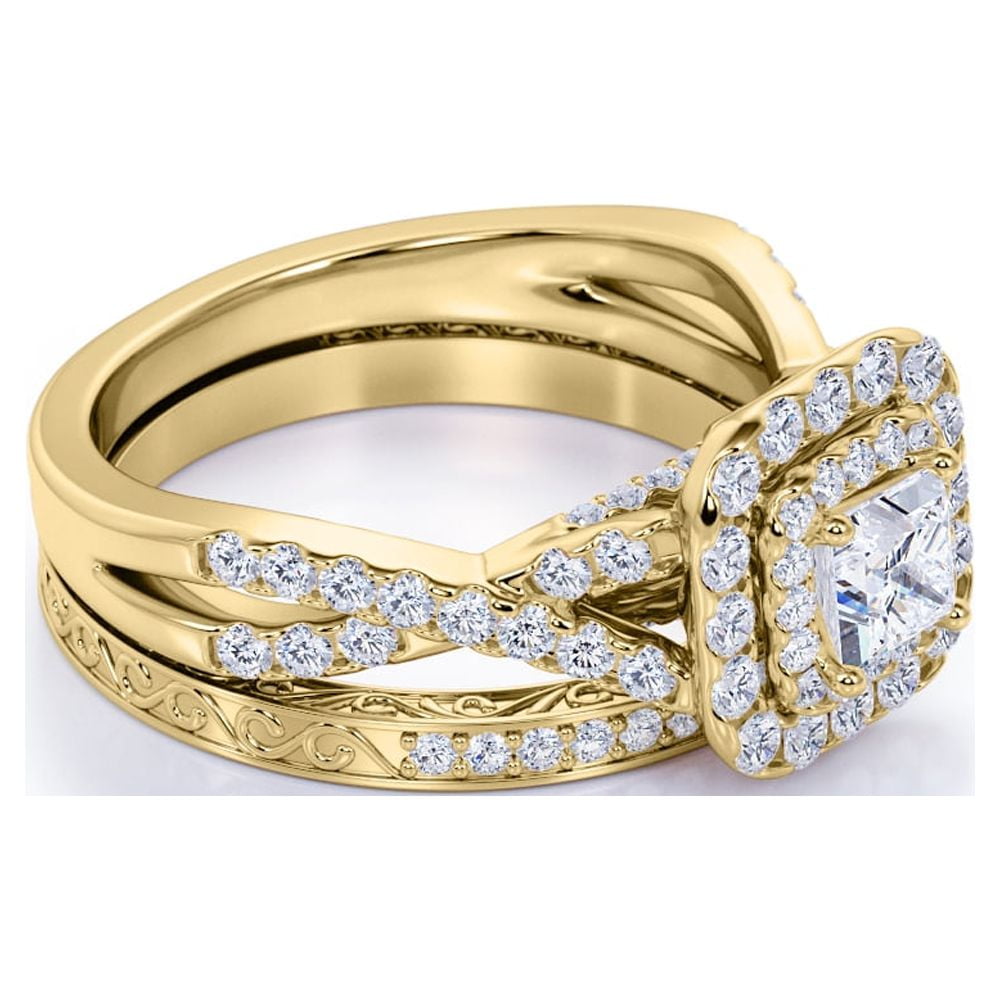 1.25 Ct - Square Moissanite - Double Halo - Twisted Band - Vintage Inspired - Pave - Wedding Ring Set in 18K Yellow Gold Plated for Women