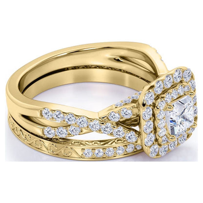 1.25 Ct - Square Moissanite - Double Halo - Twisted Band - Vintage Inspired - Pave - Wedding Ring Set in 18K Yellow Gold Plated for Women