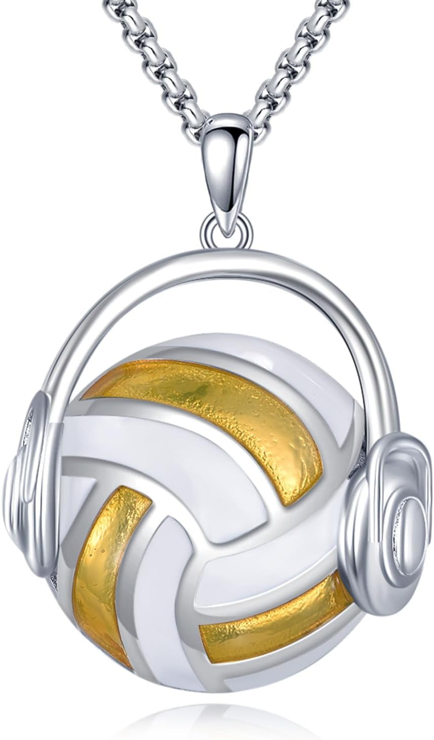 18K Gold-Plated 925 Sterling Silver Volleyball Headphone Pendant Necklace