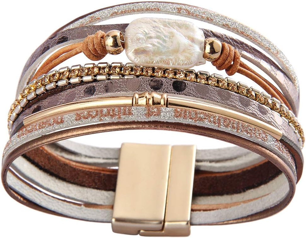 Womens Leather Cuff Bracelet Baroque Pearl Wrap Bracelets Gorgeous Gold Tube Bangle Handmade Wristbands Jewelry Bohemian Gift for Women