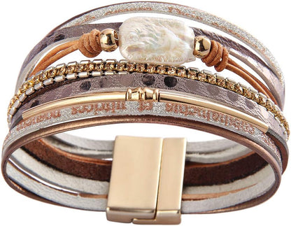 Womens Leather Cuff Bracelet Baroque Pearl Wrap Bracelets Gorgeous Gold Tube Bangle Handmade Wristbands Jewelry Bohemian Gift for Women