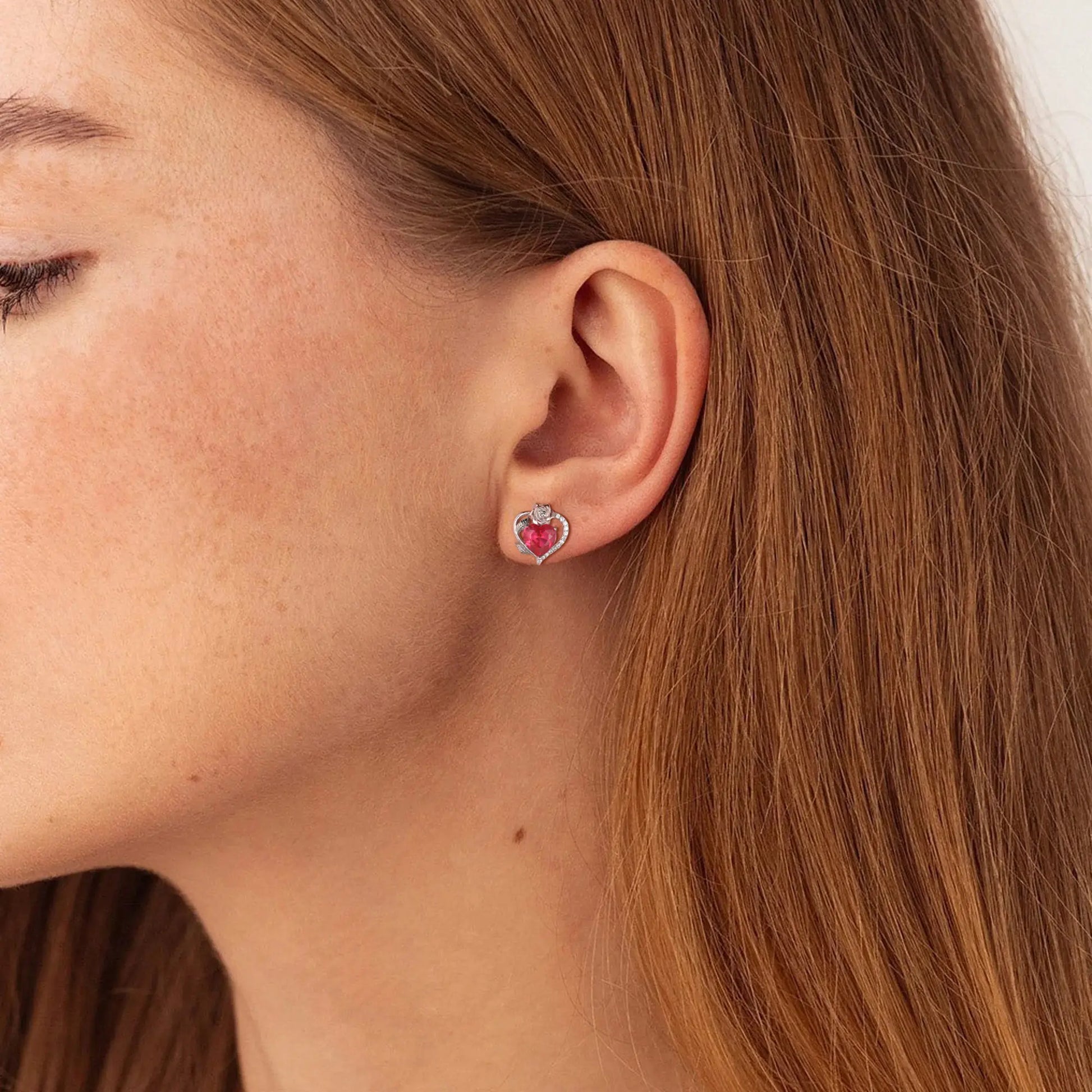 Rose Heart Birthstone Earrings,July Birthstone Rose Flower Heart Earrings Studs 925 Sterling Silver Jewelry Gifts for Women