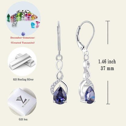 925 Sterling Silver Infinity Dangle Drop Earrings Pear Cut Birthstone Leverback Earrings for Women