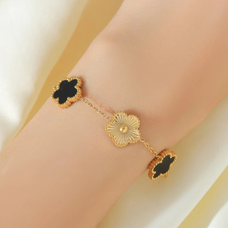 316L Stainless Steel Black Reversible Leaf Clover Necklace Bracelets Earrings Set for Women Fashion Waterproof Jewelry
