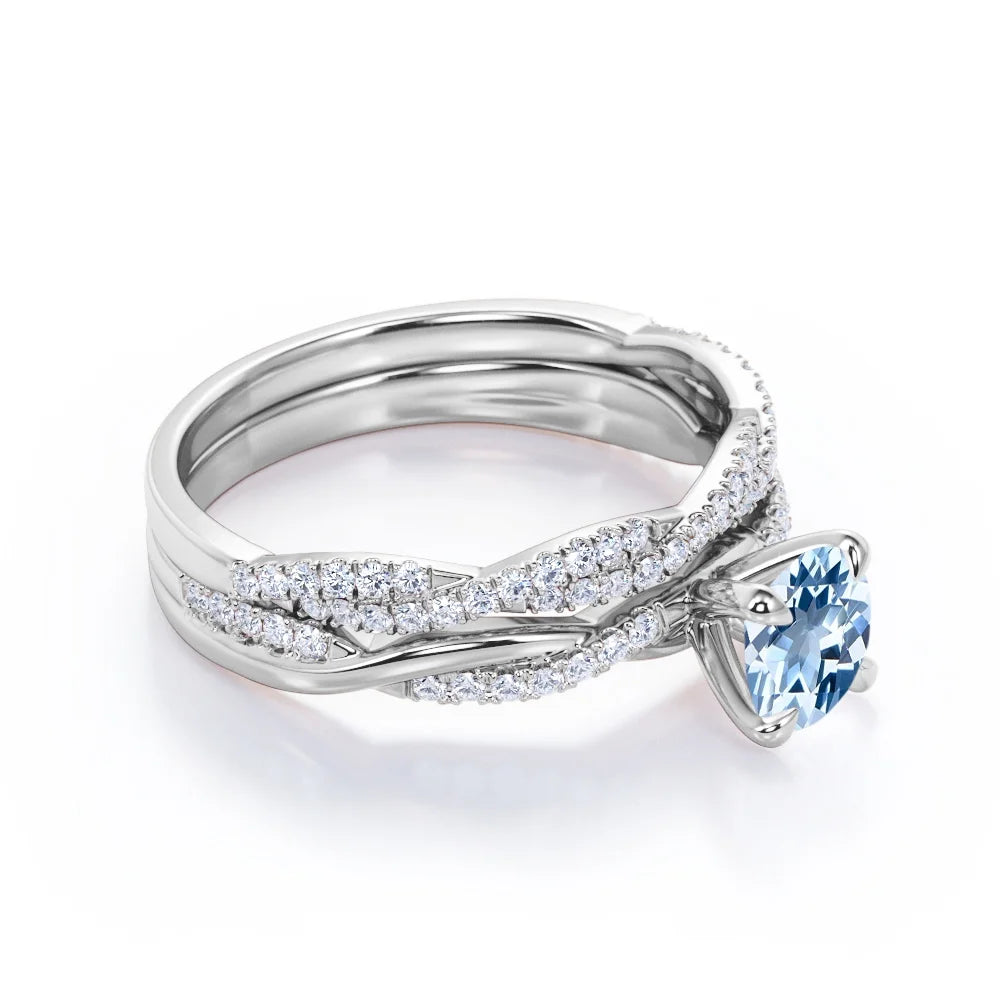 Twisted Pave - 1.75 Carat round Shaped Vivid Blue Created Aquamarine and Moissanite - Four Prong Wedding Set - 18K White Gold Plating over Silver