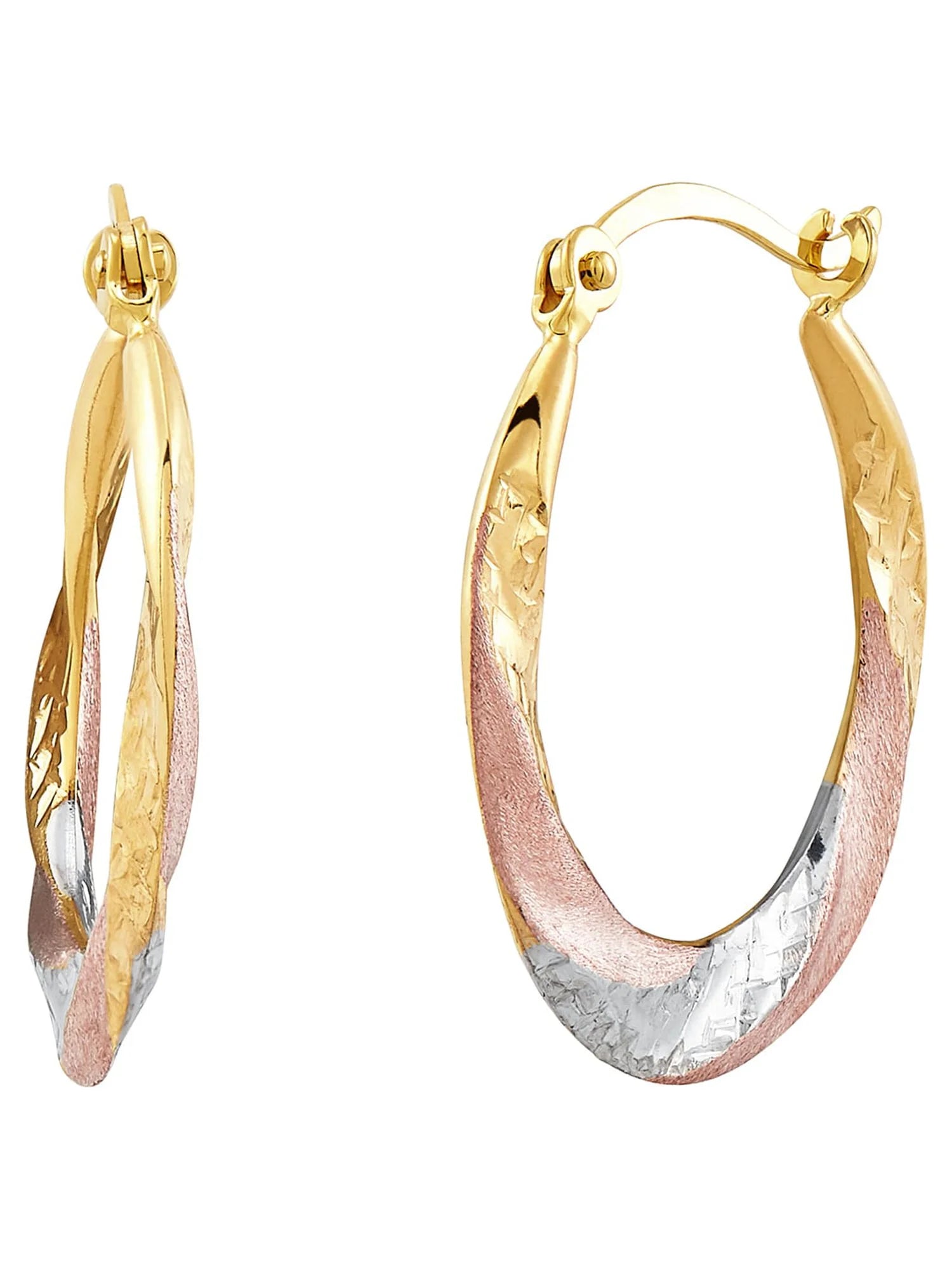 10K Rose Gold with Yellow and White Rhodium Plate round Swirl Hoop Earrings
