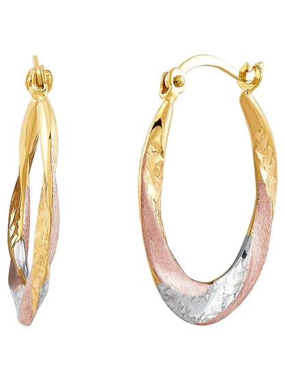 10K Rose Gold with Yellow and White Rhodium Plate round Swirl Hoop Earrings