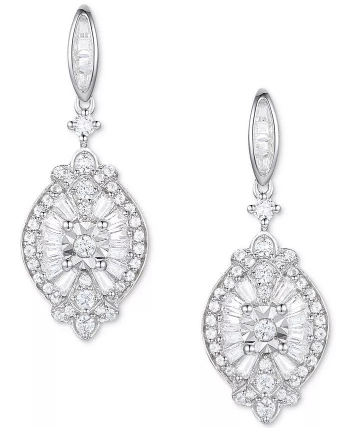 Diamond Baguette & round Cluster Drop Earrings (1/2 Ct. T.W.) in Sterling Silver