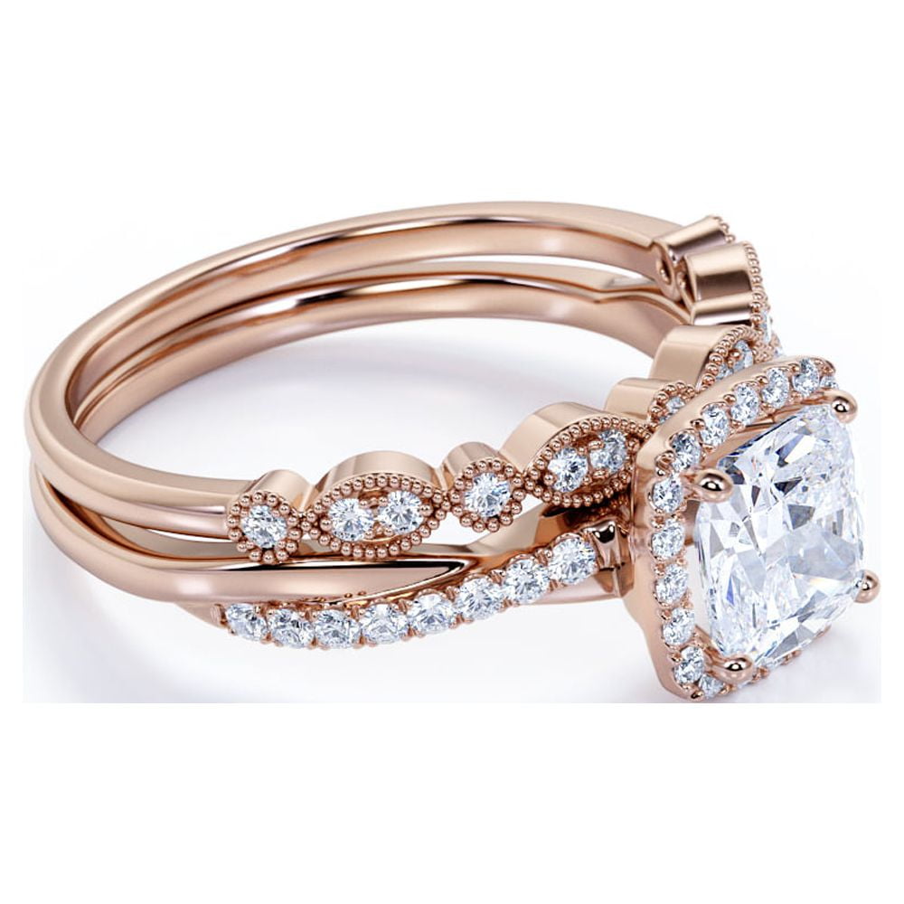 Art Deco Ring 1.75 Carat Cushion Cut Moissanite Wedding Set in 18K Rose Gold over Silver
