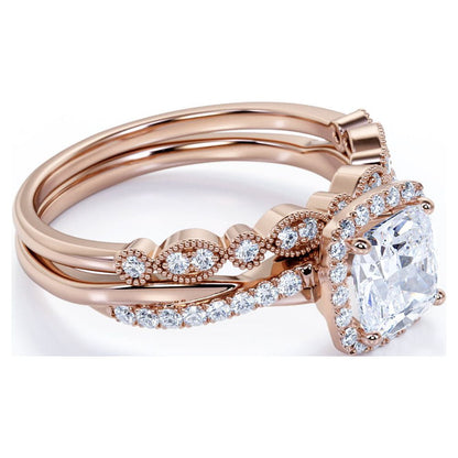 Art Deco Ring 1.75 Carat Cushion Cut Moissanite Wedding Set in 18K Rose Gold over Silver