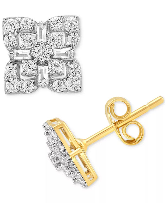 Diamond round & Baguette Cluster Studs Earrings (1/2 Ct. T.W.) in 10K Gold
