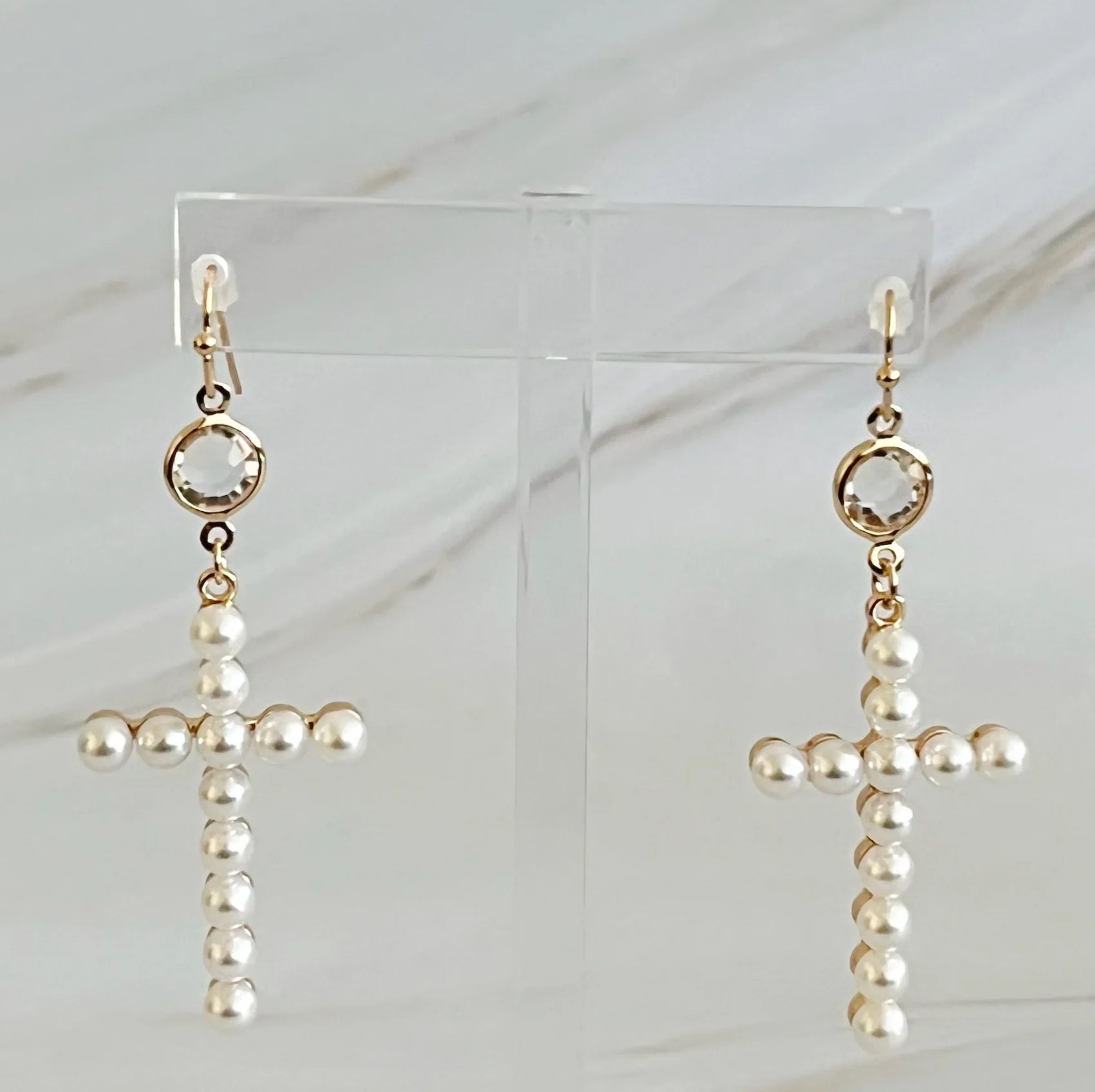 Pearl Cross Dangle Earrings