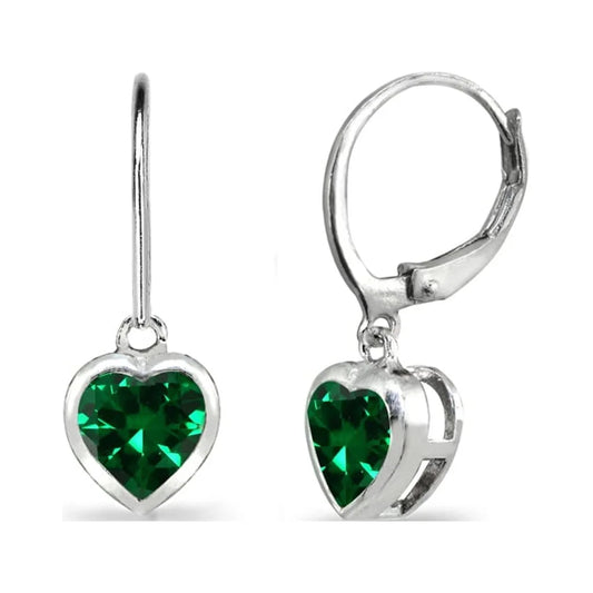 Simulated Emerald 6Mm Heart Bezel-Set Dangle Leverback Earrings in Sterling Silver