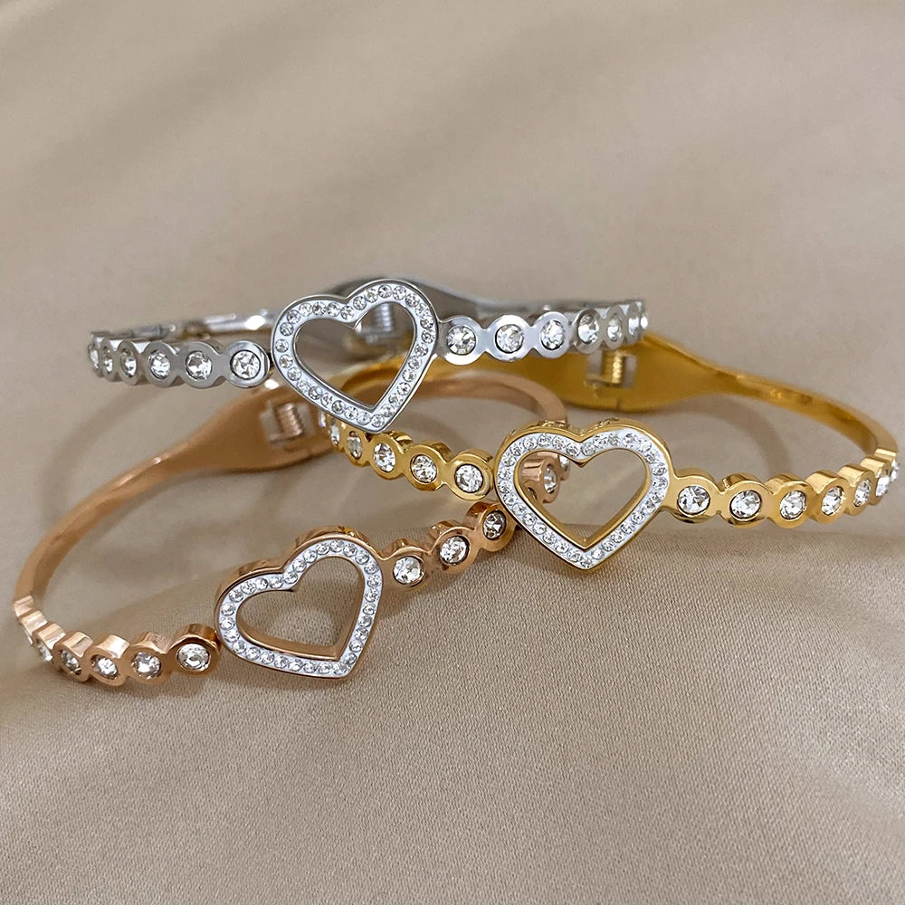 Love Matching Bracelet Femme Luxe Rhinestone Heart Stainless Steel Bangle 18K Gold Plated Couple Charm Bracelets Jewelry Gift