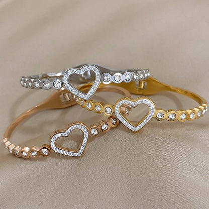 Love Matching Bracelet Femme Luxe Rhinestone Heart Stainless Steel Bangle 18K Gold Plated Couple Charm Bracelets Jewelry Gift