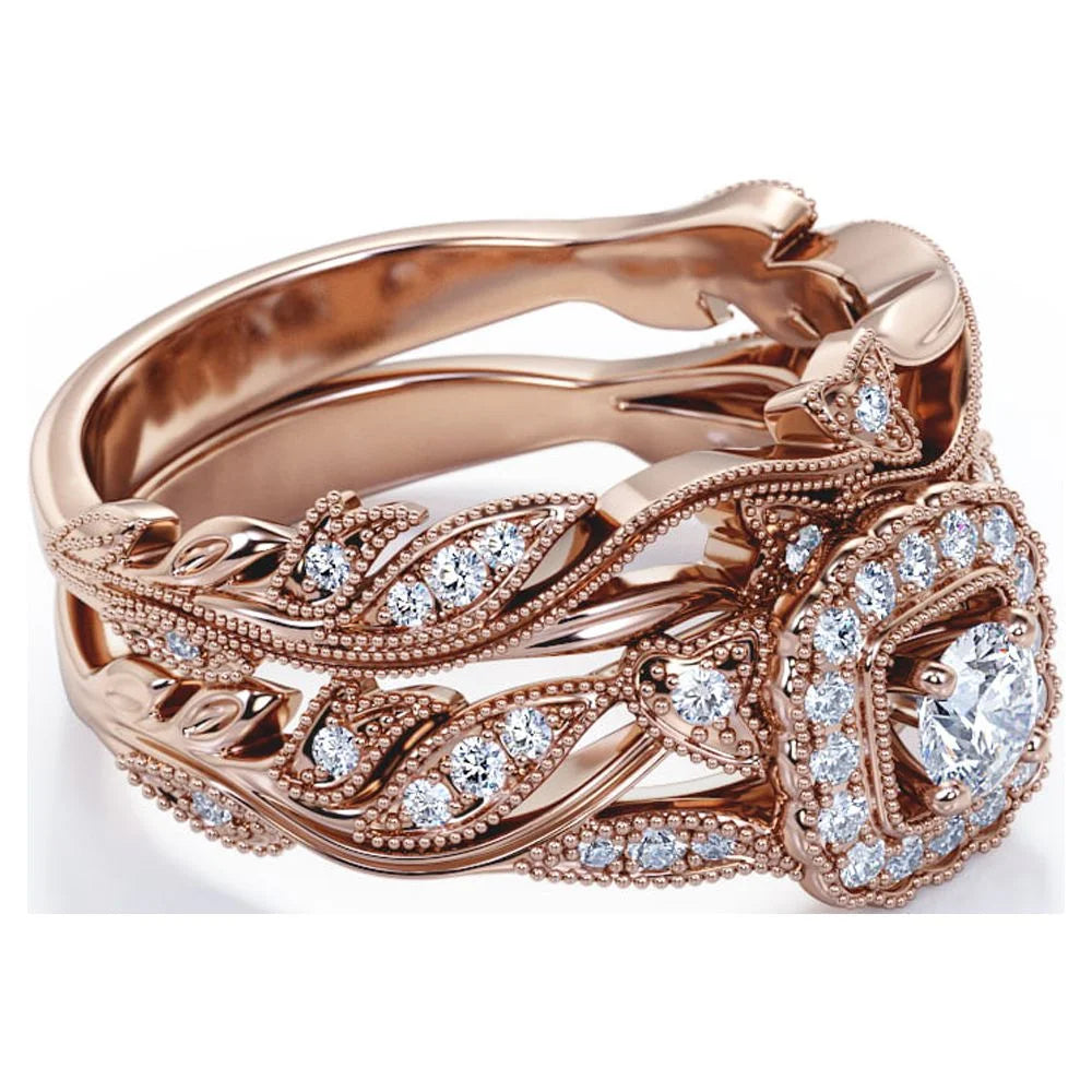round Diamond - Edwardian Diamond Filigree Ring - Art Deco Style - Wedding Ring Set in 10K Rose Gold