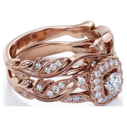 round Diamond - Edwardian Diamond Filigree Ring - Art Deco Style - Wedding Ring Set in 10K Rose Gold