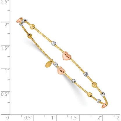 14K Tri-Color Heart Diamond-Cut Slip-On Bangle (8.25 X 1) Made in Indonesia Db679