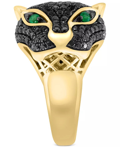 EFFYÂ® Black Diamond (1-3/4 Ct. T.W.) & Emerald (1/10 Ct. T.W.) Panther Head Ring in 14K Gold