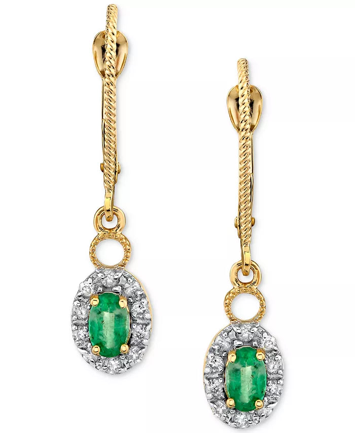 Emerald (1/2 Ct. T.W.) & Diamond (1/5 Ct. T.W.) Halo Drop Earrings in 14K Gold