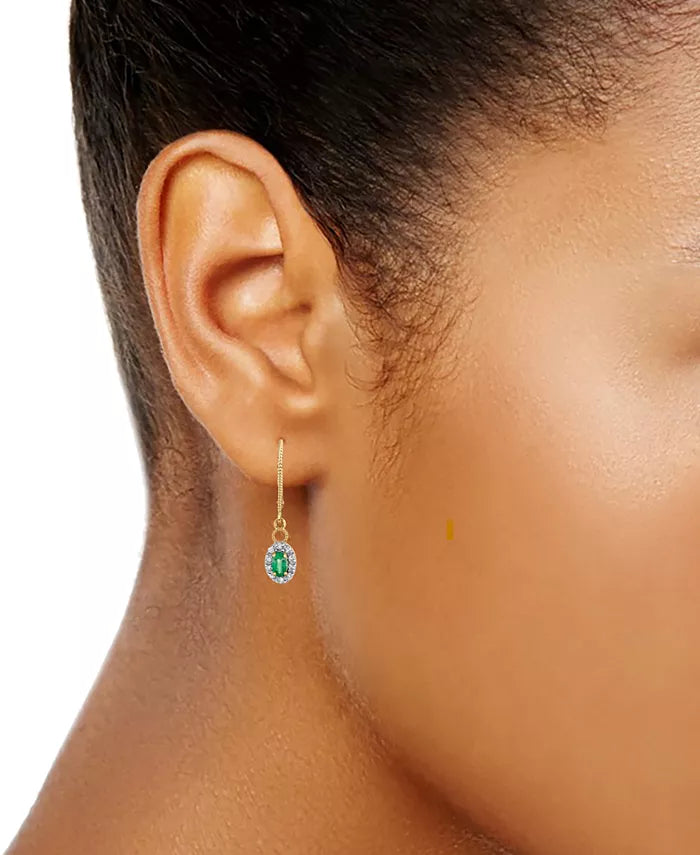Emerald (1/2 Ct. T.W.) & Diamond (1/5 Ct. T.W.) Halo Drop Earrings in 14K Gold