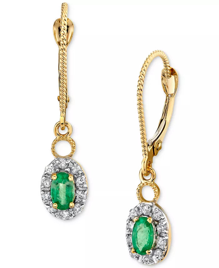 Emerald (1/2 Ct. T.W.) & Diamond (1/5 Ct. T.W.) Halo Drop Earrings in 14K Gold